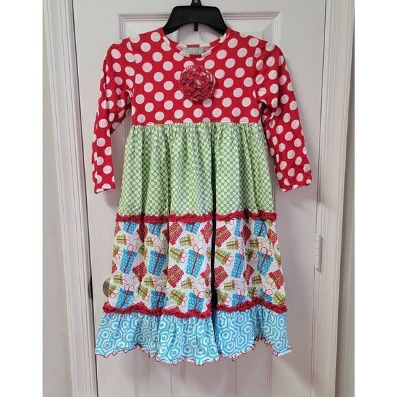 Sage & Lilly Girls Christmas "Present" Print Dress  7T - Picture 1 of 8